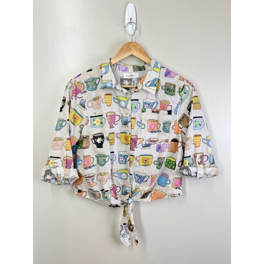 Natural Life Womens S Teacup Mug Print Tie Front Shirt Boho Cottagecore
